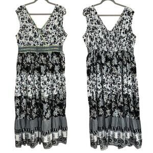 Phool Womens Floral Print Maxi Dress Tiered Sequin Sleeveless Black Blue Size 1X